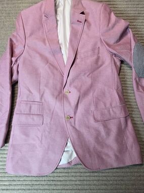 Savile Row Co. London Men’s Sports Coat Red/Pink Chambray Elbow Patch Size 40R